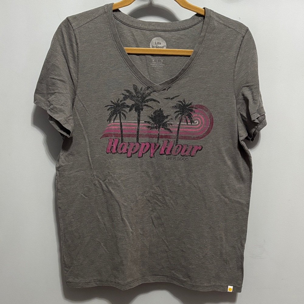 Life Is Good Gray V-Neck T-Shirt with Pink Palm Graphic Happy Hour